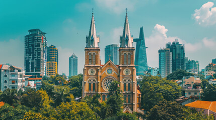 Fototapeta premium The majestic Notre-Dame Cathedral Basilica of Saigon in Ho Chi Minh City, surrounded by modern skyscrapers