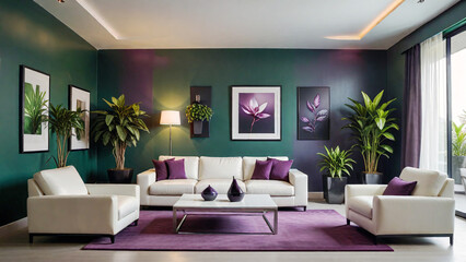 Interior of a modern living room with purple sofa and coffee table