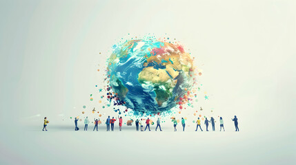 Naklejka premium A group of people discussing business process flowcharts with an earth model set against a whimsical background symbolizing global awareness and business strategy.