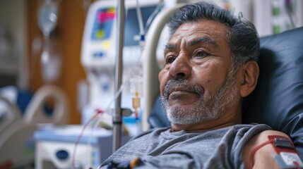 A man with a beard and gray hair is in a hospital bed