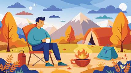 Obraz premium young man camper drinking tea at chair. Autumn landscape, bonfire, camping flat vector illustration. Adventure tourism, outdoor travel, hiking concept banner, website design or landing web page