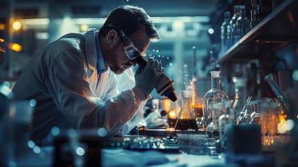 A man in a lab coat is looking through a microscope at a sample
