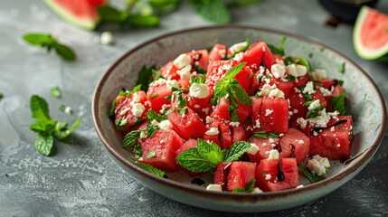 Overhead shot of a refreshing watermelon feta salad with cubes of watermelon, crumbled feta cheese, mint leaves, and a drizzle of balsamic reduction, natural light capturing the vibrant colors and