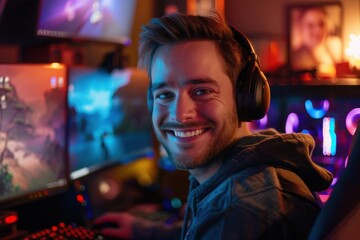 Obraz premium Smiling gamer in immersive gaming setup