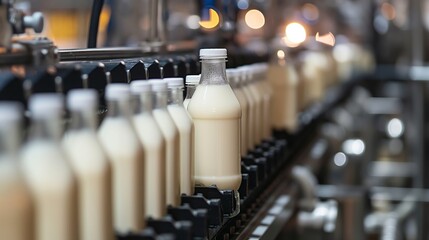 Naklejka premium Soy Milk Bottles on a Conveyor Belt in a Factory