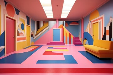 Fototapeta premium Memphis design of empty room architecture furniture building.