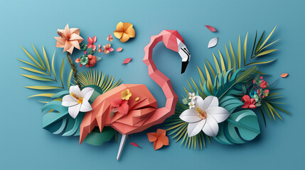 A paper cutout of a flamingo is surrounded by tropical flowers