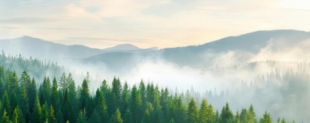 Fototapeta premium Misty morning landscape with evergreen forest and distant mountains.