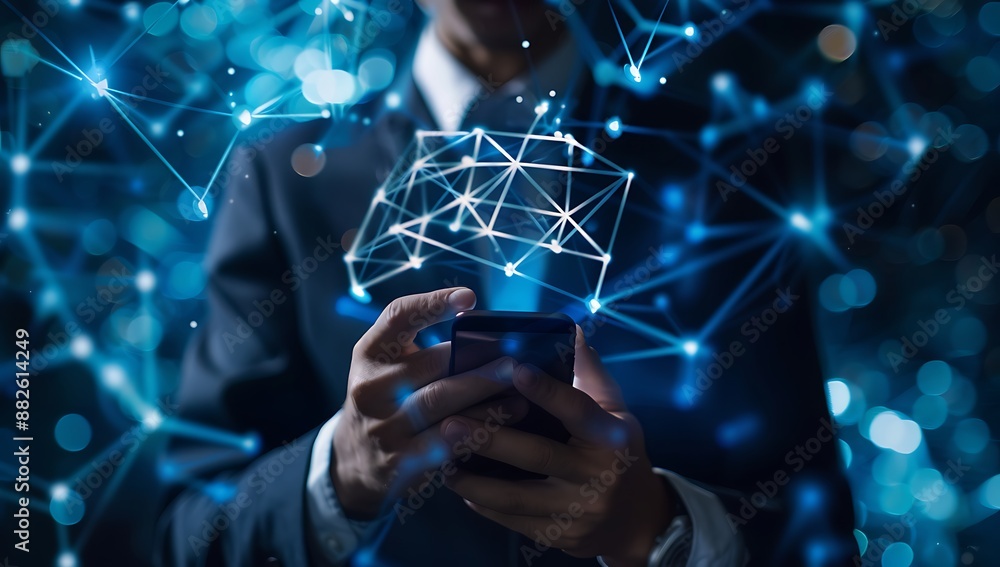 Poster businessman using smartphone with glowing network connections representing global communication and 