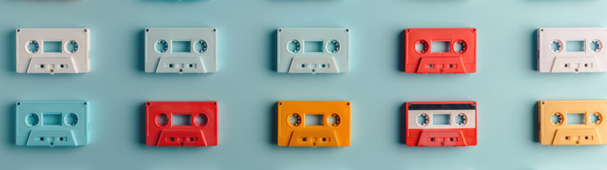 Obraz premium Large Set of Old Vintage Audio Tape Cassettes on Green Grass, High Quality Image