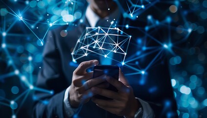 Businessman using smartphone with glowing network connections representing global communication and technology