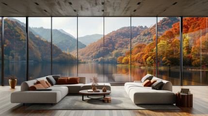 Japanese muji style interior design 3d render of lake view in autumn living room and 360 window view