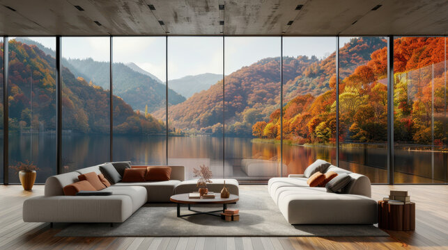 Fototapeta Japanese muji style interior design 3d render of lake view in autumn living room and 360 window view