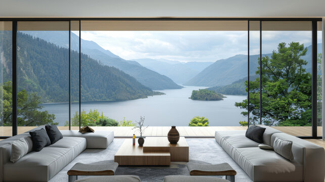 Fototapeta Living room in modern style interior design 3d render of top mountain view in summer and 360 window view.