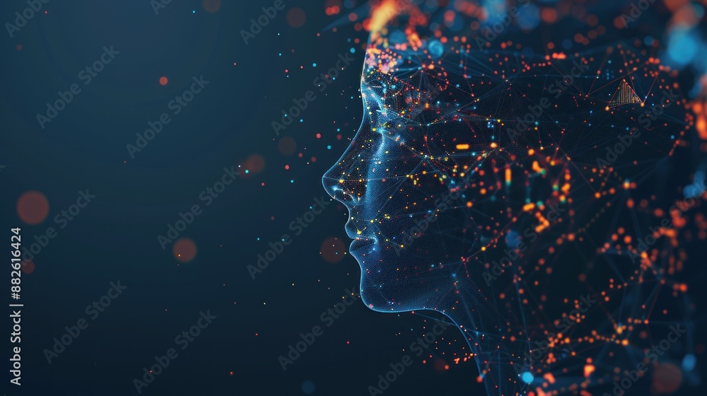 Poster digital portrait of a person composed of a network of points