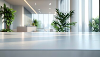 Blurred modern office interior featuring a white table set up for product presentation in the background, with a spacious open-concept workspace highlighted by panoramic windows.