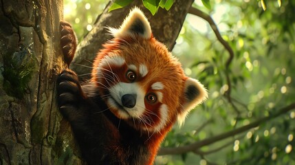  panda climbing a tree, detailed fur and expressive eyes, lush green forest background, endangered species