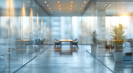 A blurred office interior with glass walls, featuring green plants in the foreground and softly blurred desks and chairs in the background. Sunlight streams through the window, creating a warm.