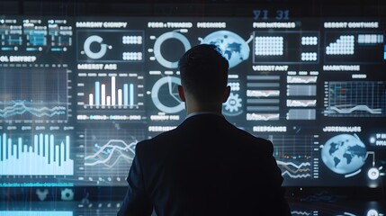 Futuristic digital data dashboard with global information analysis and visualization