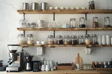 A kitchen with a coffee maker and a shelf full of jars and cups