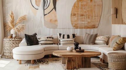 A stylish living room with Scandinavian-inspired furniture, including a curved sofa, wooden coffee table, and decorative cushions, set against a neutral-toned wall with abstract art.