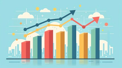 Fototapeta premium Colorful graph with bar and line charts representing data analysis, growth trends, and business progress illustration.