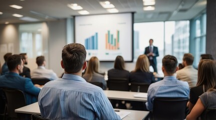 Rear view of confident businessman giving a presentation in front of crowd in meeting conference seminar room. Leadership authority teamwork in business concept