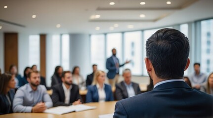 Rear view of confident businessman giving a presentation in front of crowd in meeting conference seminar room. Leadership authority teamwork in business concept