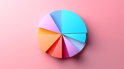 Obraz premium A vibrant, multicolored pie chart on a pink background, showcasing data distribution in a visually engaging manner.