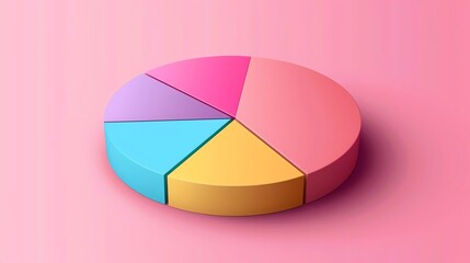 Obraz premium Colorful pie chart divided into five segments against a pink background, perfect for data visualization and presentations.