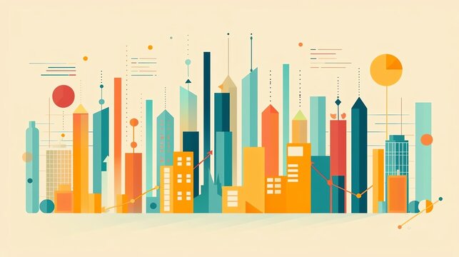 Abstract illustration of a colorful city skyline with various geometric shapes and modern design elements, perfect for urban-themed projects.