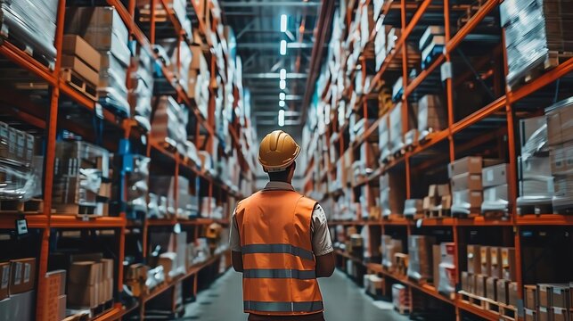 Warehouse worker in safety gear organizes inventory on tall shelves, ensuring efficient storage and management in a modern facility.