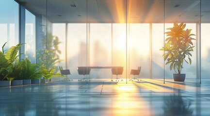 Blurred modern office interior featuring a white table set up for product presentation in the background, with a spacious open-concept workspace highlighted by panoramic windows.