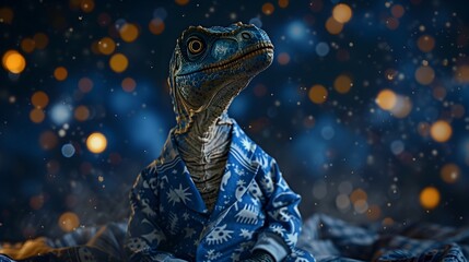 Surreal Velociraptor in Pajamas under Starry Night Sky