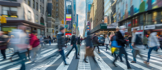 Busy street in City with people crossing the street, slightly blurred city background, motion style, people in various clothes and activities, Ai generated Images
