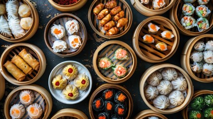 Overhead shot of a bamboo steamer filled with assorted dim sum delicacies, including dumplings, buns, and spring rolls, showcasing the variety and craftsmanship of traditional Chinese dim sum cuisine