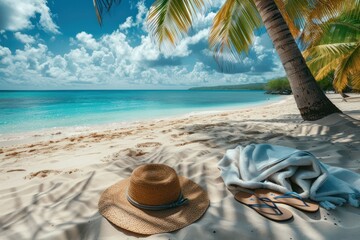 A beach scene with a straw hat and a white blanket on the sand