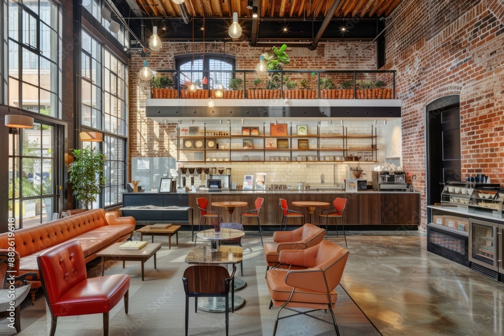 Poster a brick building with a large open space with a cafe and a lounge area