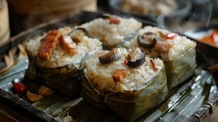 Detailed shot of lo mai gai (sticky rice in lotus leaf) unwrapped to reveal sticky rice filled with savory ingredients like chicken, Chinese sausage, and mushrooms, served on a lotus leaf,
