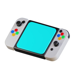 3d White Nintendo Switch gaming console with blue screen and colorful buttons. Ideal for gamingrelated designs, technology concepts, and entertainment themes.