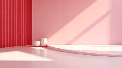 abstract 3d interior scene with pink and red background color and sunlight.