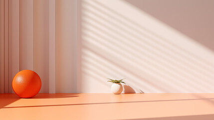 abstract 3d interior scene orange ball with white background color and sunlight.