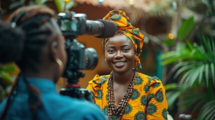 Obraz premium A woman wearing a colorful head wrap is smiling for the camera
