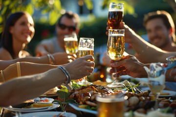 A close-up of a group of friends toasting with beer at a summer barbeque, enjoying the outdoor gathering and celebration