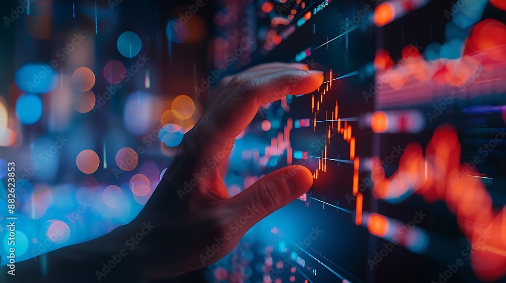 Aufkleber hand interacting with a digital stock market graph showing financial data analysis