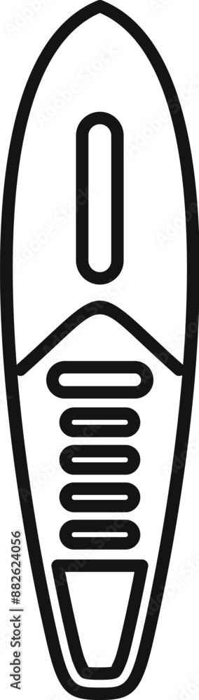 Poster simple line art icon of a surfboard, emphasizing its shape and features