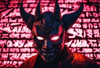 the demon ninja creepy mask wall sunset background bloody eyes samurai art japanese graffiti brick glowing colourful a
