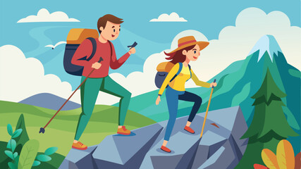 Travelling Couple with Backpacks, Man and Woman Cartoon Characters Climbing Rock. Mountaineering, Trekking and Hiking. Outdoor Recreation, Adventures in Nature, Vacation. 