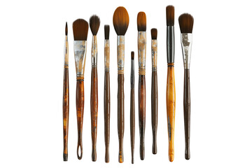 A collection of old paint brushes with a variety of sizes and shapes, illustration education, clipart , isolated on a transparent background.