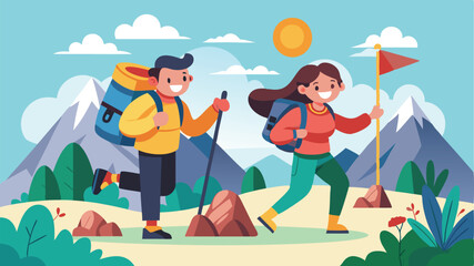 Travelling Couple with Backpacks, Man and Woman Cartoon Characters Climbing Rock. Mountaineering, Trekking and Hiking. Outdoor Recreation, Adventures in Nature, Vacation. 